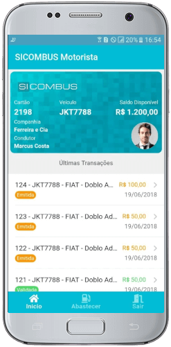 Tela com o cartão digital e últimas requisições no aplicativo Motorista